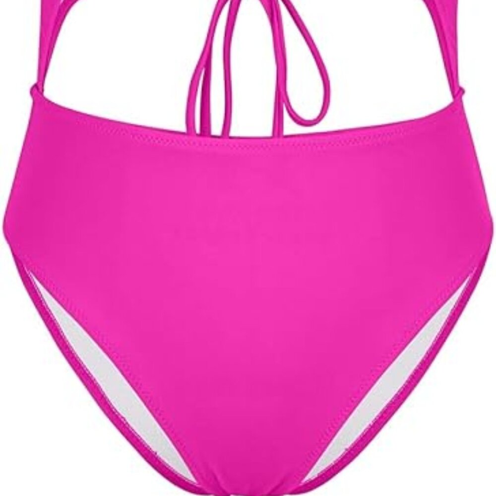 Meyeeka Women's Pink Scoop Neck Lace Up Back High Cut One Piece Swimsuit Small - Picture 10 of 12